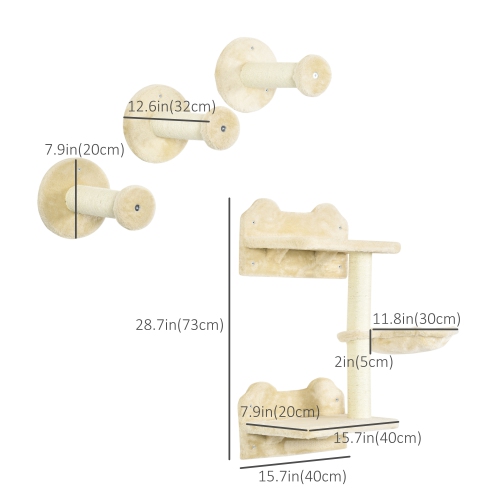 PawHut 4Pcs Cat Wall Shelf with Scratching Posts, Hammock, Steps, Platforms, Cat Shelves for Relaxing, Sleeping, Jumping, Cat Wall Climber for Indoor