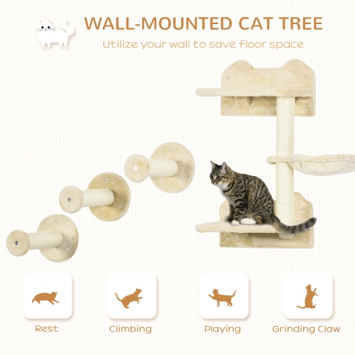 PawHut 4Pcs Cat Wall Shelf with Scratching Posts, Hammock, Steps, Platforms, Cat Shelves for Relaxing, Sleeping, Jumping, Cat Wall Climber for Indoor