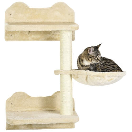 PawHut 4Pcs Cat Wall Shelf with Scratching Posts, Hammock, Steps, Platforms, Cat Shelves for Relaxing, Sleeping, Jumping, Cat Wall Climber for Indoor