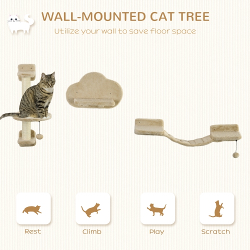 PawHut 3Pcs Cat Wall Shelf with Scratching Post, Cat Wall Shelves for Relaxing, Climbing, Cat Wall With Soft Ladder and Play Balls, Beige