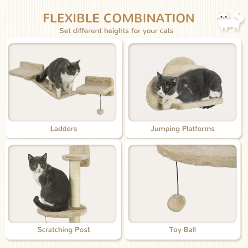PawHut 3Pcs Cat Wall Shelf with Scratching Post, Cat Wall Shelves for Relaxing, Climbing, Cat Wall With Soft Ladder and Play Balls, Beige