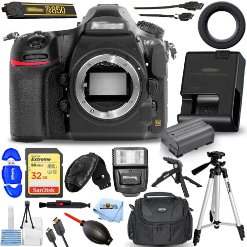 Nikon D850 DSLR Camera 1585 32GB + Flash + Tripods Pro Bundle