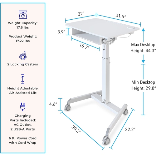 Stand Steady Cruizer Height Adjustable Podium With Power Outlets, White