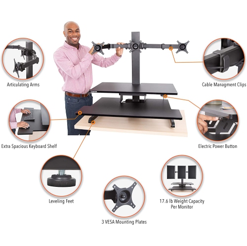 Stand Steady 35" Electric Standing Desk Converter with 3 Monitor Mounts, Black