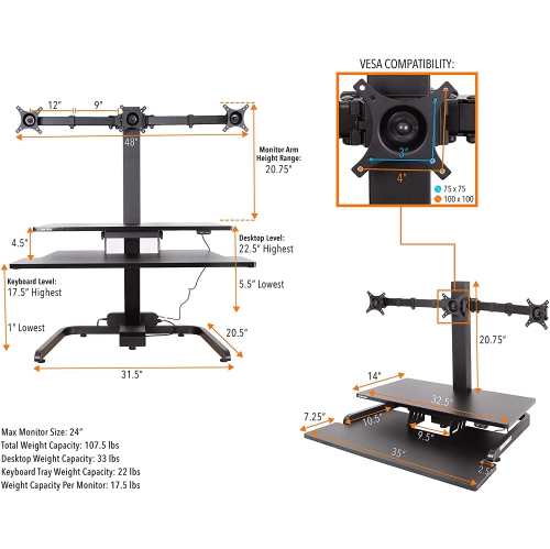 Stand Steady 35" Electric Standing Desk Converter with 3 Monitor Mounts, Black