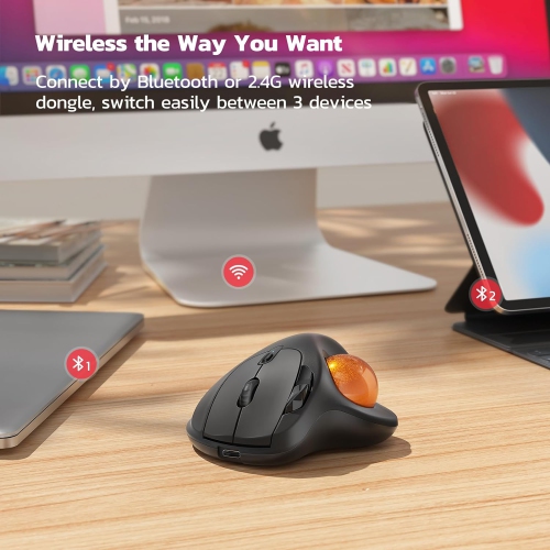 Wireless Trackball Mouse, Rechargeable Ergonomic Mouse, Easy Thumb Control, Precise & Smooth Tracking, 3 Device Connection, Compatible for PC,