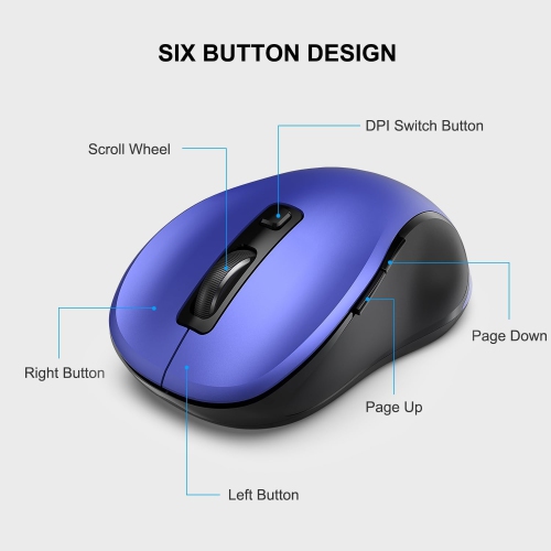 W 2.4G Wireless Mouse for Laptop, Ergonomic Computer Mouse with USB Receiver and 3 Adjustable Levels, 6 Button Cordless Mouse Wireless Mice for