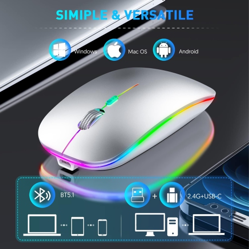 LED Wireless Mouse, Rechargeable Wireless Mouse for MacBook Air/Pro 2.4GHz Portable Optical Silent Office Mouse for iPad, Laptop, Desktop, Mac, Pc,