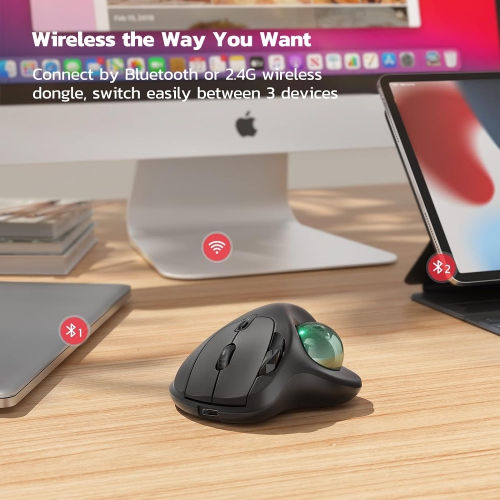 Wireless Trackball Mouse, Rechargeable Ergonomic Mouse, Easy Thumb Control, Precise & Smooth Tracking, 3 Device Connection, Compatible for PC,