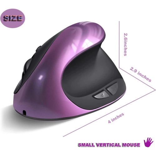 Ergonomic Mouse,Rechargeable Small Vertical Mouse with 6 Buttons Adjustable 800/1200/1600 DPI Purple Wireless Mouse for Laptop, Desktop, PC, MacBook