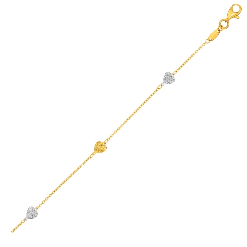 Image 1 de 1.. 14K chaîne de cheville en or jaune et blanc deux tons avec coeurs texturés