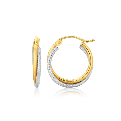 RCJ  14K Two Tone Double Polished And Textured Hoop Earrings In Gold