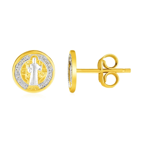 RCJ  14K Two Tone Round Religious Medal Post Earrings In Gold