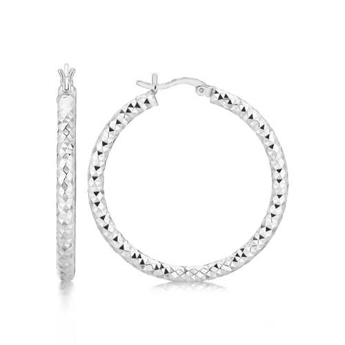 RCJ  Sterling Faceted Motif Large Hoop Earrings With Rhodium Plating In Silver