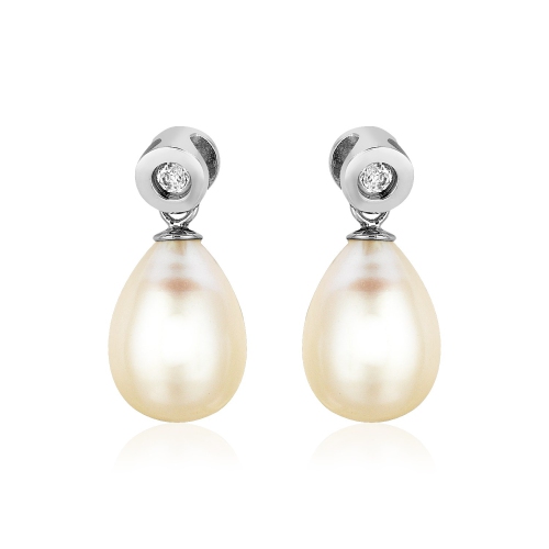 RCJ  Sterling Earrings With Pear Shaped Freshwater Pearls And Cubic Zirconias In Silver