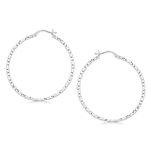 RCJ  Sterling Rhodium Plated Large Faceted Style Hoop Earrings In Silver