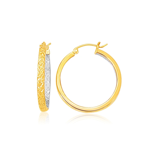 RCJ  Two-Tone And White Gold Petite Patterned Hoop Earrings In Yellow