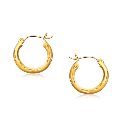14k Yellow Gold Fancy Diamond Cut Hoop Earrings