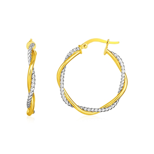 RCJ  14K And White Gold Two Part Textured Twisted Round Hoop Earrings In Yellow