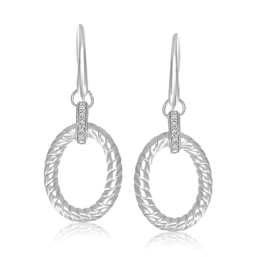 RCJ  Sterling Rhodium Finished Diamond Embellished Oval Rope Drop Earrings In Silver