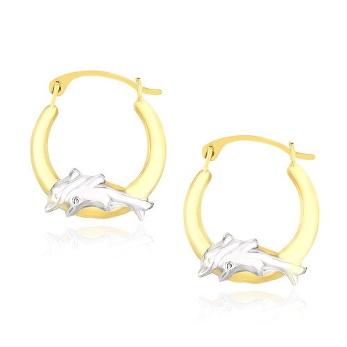 RCJ  10K Two-Tone Round Graduated Dolphin Design Hoop Earrings In Gold