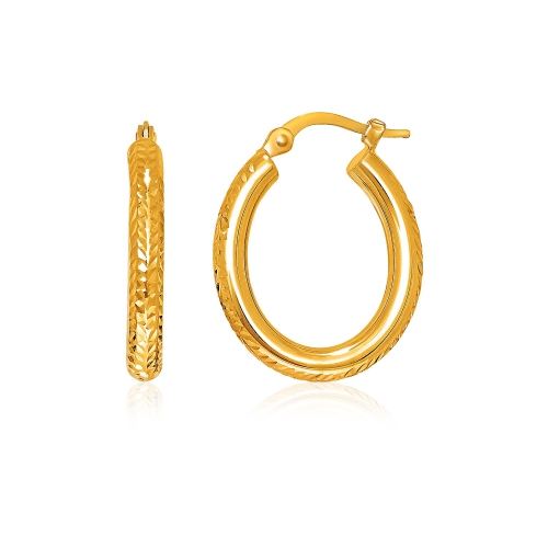 RCJ  14K Gold Diamond Cut Textured Oval Hoop Earrings. In Yellow