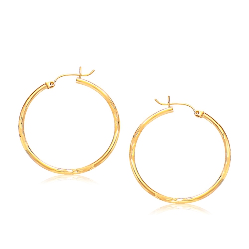 RCJ  14K Gold Fancy Diamond Cut Slender Large Hoop Earrings (30MM Diameter) In Yellow