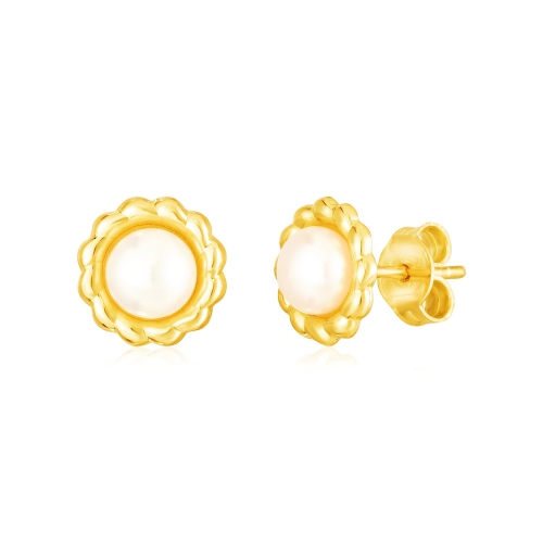 RCJ  14K Gold Flower Stud Earrings With Pearls In Yellow