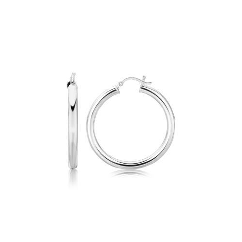 Sterling Silver Thick Rhodium Plated Polished Hoop Style Earrings