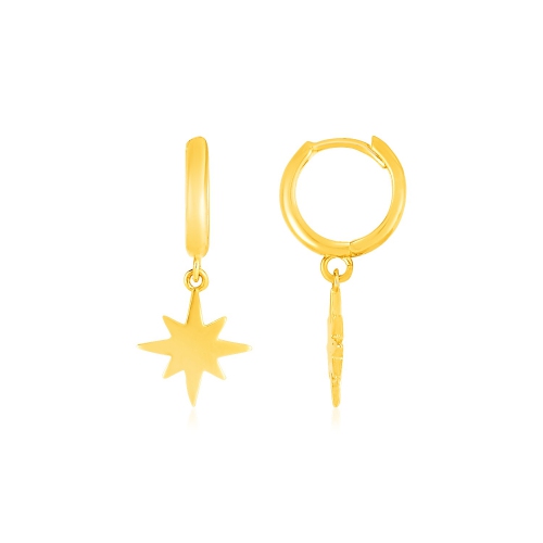RCJ  14K Gold Huggie Style Hoop Earrings With Star Drops In Yellow