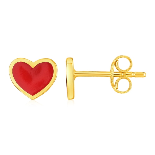 RCJ  14K Yellow Gold And Enamel Heart Stud Earrings In Red