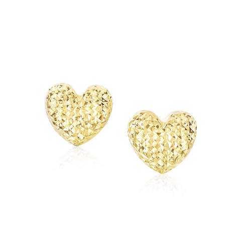 RCJ  14K Gold Puffed Heart Earrings With Diamond Cuts In Yellow