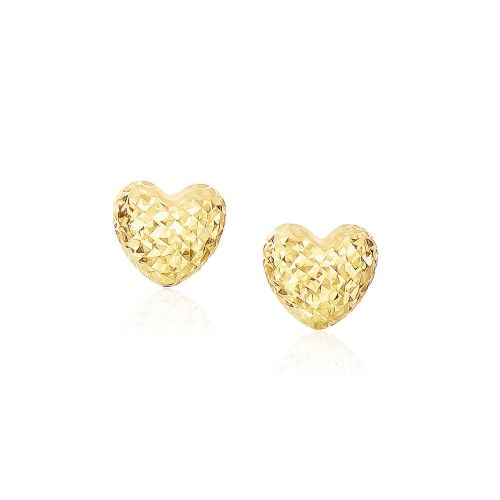 RCJ  14K Gold Puffed Heart Earrings With Diamond Cuts In Yellow