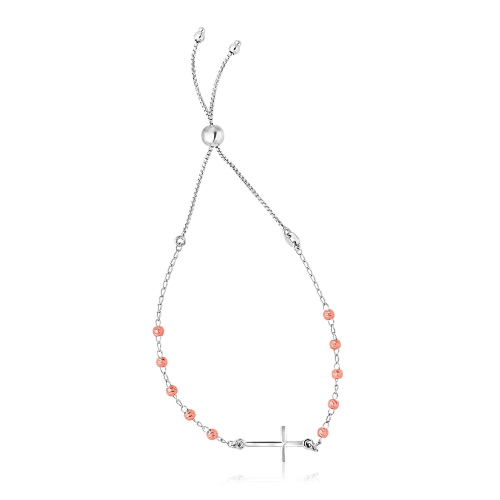 AVERA GROUP  Sterling Silver And Rose Finish Adjustable Bracelet With Cross In White