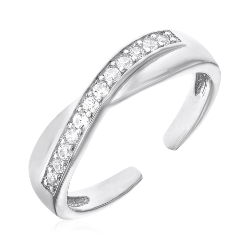RCJ  Toe Ring With Crossover Motif In Sterling With Cubic Zirconia In Silver