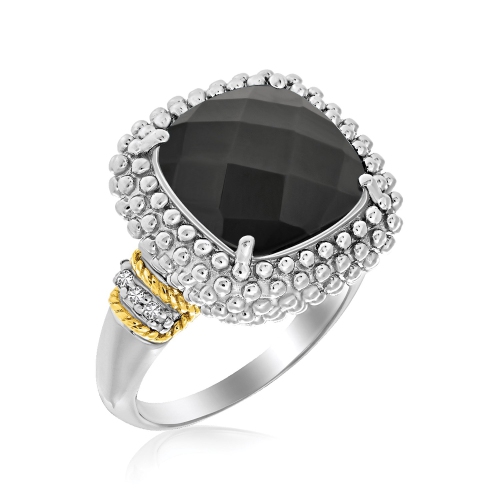 Image 1 of 1.. 18k Yellow Gold & Sterling Silver Black Onyx and Diamond Popcorn Cushion Ring