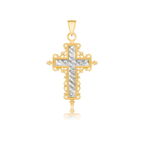 RCJ  14K Two-Tone Diamond Cut And Baroque Inspired Cross Pendant In Gold