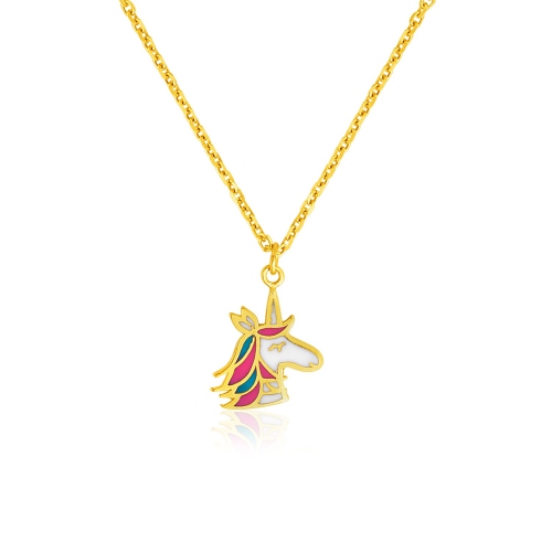 AVERA GROUP  14K Gold Childrens Necklace With Enameled Unicorn Pendant In Yellow