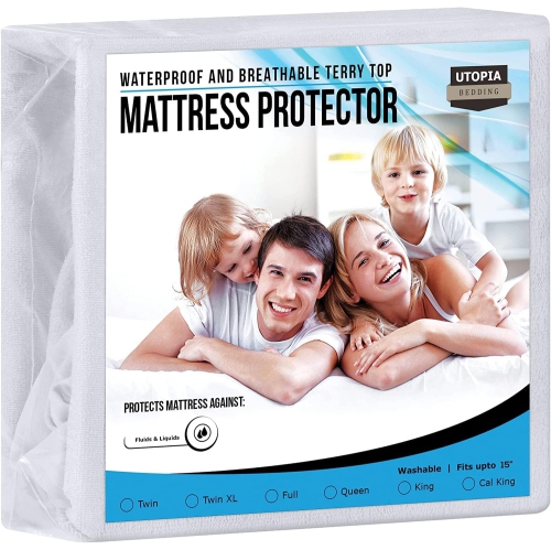 Utopia BeddingWaterproof Terry Top Mattress Protector King 200 GSM, Mattress Cover, Breathable, Fitted Style with Stretchable Pockets