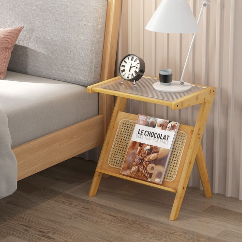 Costway Rattan Side Table Bamboo Accent Bedside Table with Tempered Glass Top