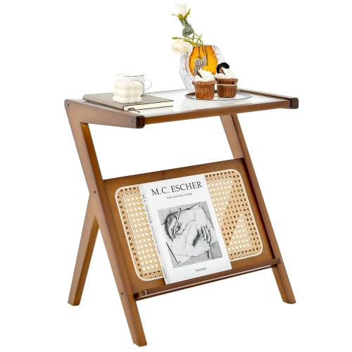Costway Rattan Side Table Bamboo Accent Bedside Table with Tempered Glass Top