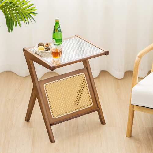 Costway Rattan Side Table Bamboo Accent Bedside Table with Tempered Glass Top