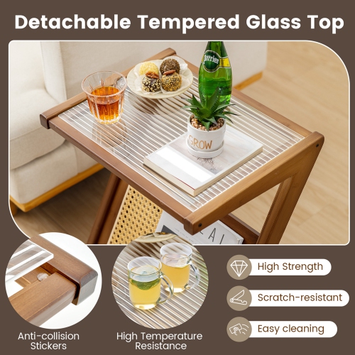 Costway Rattan Side Table Bamboo Accent Bedside Table with Tempered Glass Top