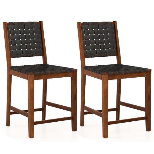 COSTWAY  Woven Bar Stools Set Of 2 Counter Height Dining Chairs Faux Pu Leather Kitchen