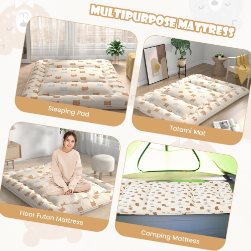Matelas de futon double/très grand/grand lit/lit simple de Costway Tapis de sol japonais housse lavable Sac de transport brun ours