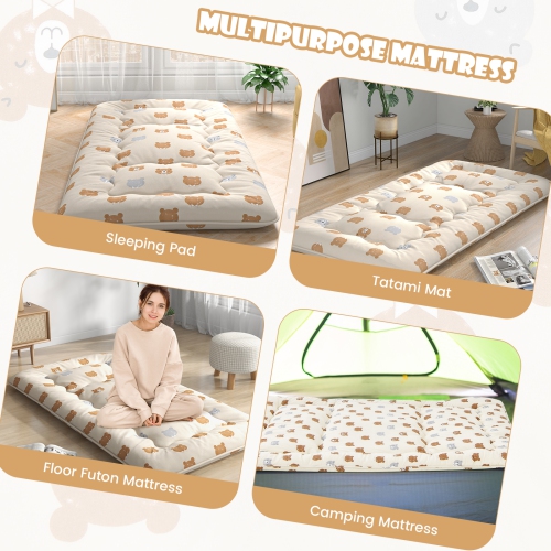 Matelas de futon double/très grand/grand lit/lit simple de Costway Tapis de sol japonais housse lavable Sac de transport brun ours