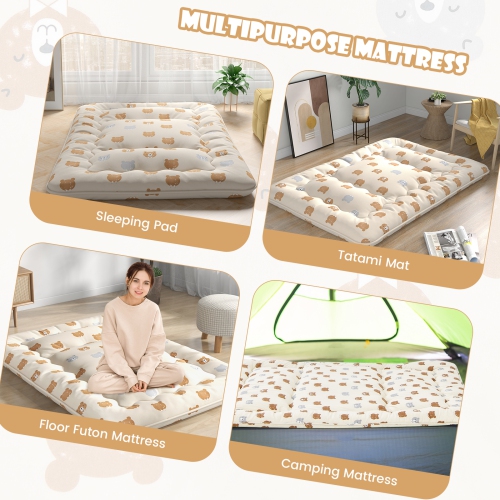 Matelas de futon double/très grand/grand lit/lit simple de Costway Tapis de sol japonais housse lavable Sac de transport brun ours