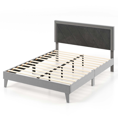 Costway Bed Frame Upholstered Platform Velvet Headboard Wooden Slats -1763 lbs Weight Capacity -Gray