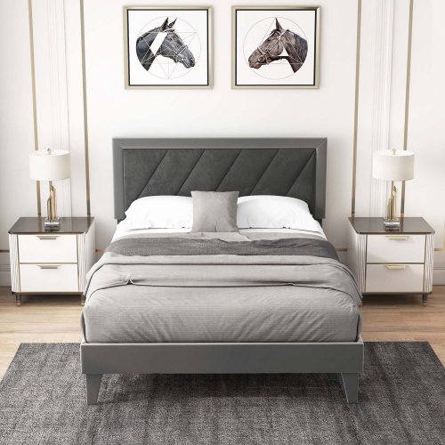 Costway Bed Frame Upholstered Platform Velvet Headboard Wooden Slats -1763 lbs Weight Capacity -Gray