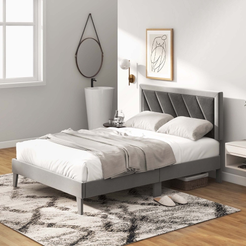 Costway Bed Frame Upholstered Platform Velvet Headboard Wooden Slats -1763 lbs Weight Capacity -Gray